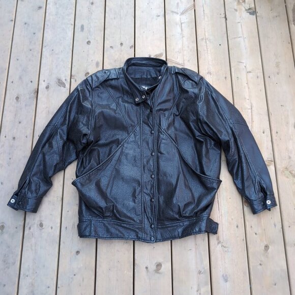 Vintage Y2K Bomber Jacket Men's Black Leather Retro Chic Stand-Up Collar Zip-Up - Picture 1 of 6